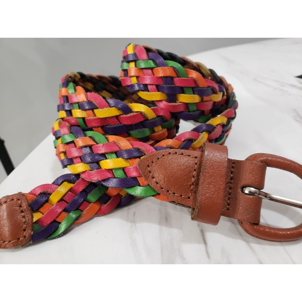 vintage Belt Med/ Large Multicolor Braided Leather Brass Buckle Argentina Preppy